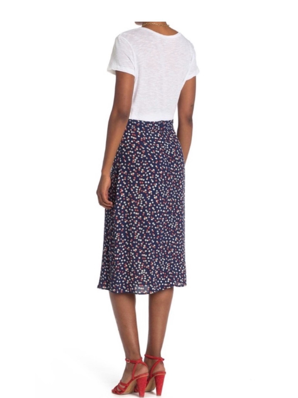 Madewell Navy Midi Skirt with Pink and Cream Dot Print